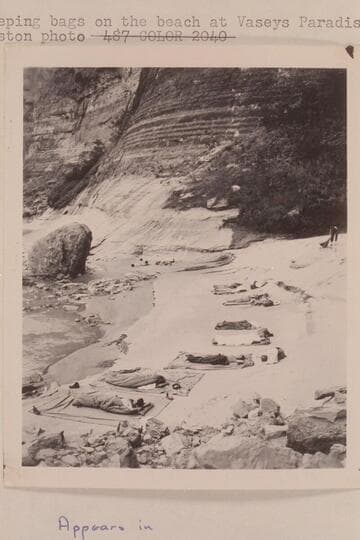 Sleeping bags on the beach at Vaseys Paradise