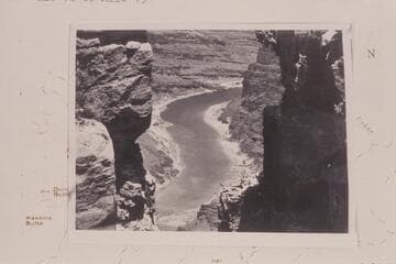 River through cleft in rock; Moran Point.  The cleft is the mouth of 75 Mile Creek and shows the river from Mile 74 to Mile 75