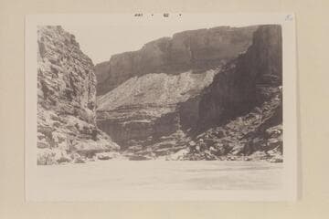 Up to Boulder Narrows.  Approximate gauge:  60-65,000 cfs.  [photo reverse:  Marble Canyon; Boulder Narrow (rapids) from below, upstream view.  About Mile 18.8]