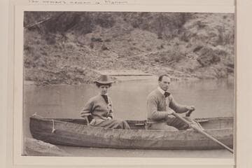 Ellsworth Kolb's first boating experience.  Posed at the oars of one of Dave Rust's folding canvas boats near Bright Angel Creek.  The young lady is trying to appear calm