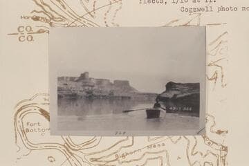 Down Labyrinth Canyon from Mile 35.8 with Steer Mesa and its outlying buttes at left.  The butte at center was named The Castle bu the Brown-Stanton party in 1889