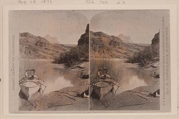 [print from a stereo]  The "Emma Dean" with the Powell throne amidships.  Up to 1954, this arrangement of the chair appears to hold the crown for the most stupid seamanship on Colorado River history