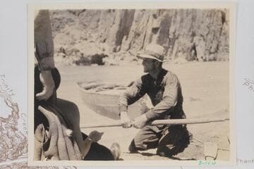Bus Hatch and one of the skiffs below Monument Creek Rapid during noon stop of 1934, July 27.  Bright Angel gauge:  2,070 cfs