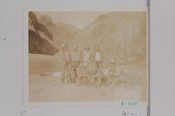 The Dusty Dozen at the mouth of Pipe or Garden Creek.  Fred C. Jayne was leaving the party here and is kneeling at lower right holding his cine