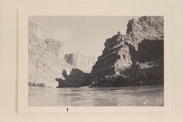 Taken during cruise 1966, Sep., looking upriver from about Mile 185.2.Caption on back reads, "Cove Canyon Fan (probably) Mile 186.2"  Side canyon in distance left of center is Cove Canyon.Compare William M. Davis photo Roll 8 #7 1953, July 11