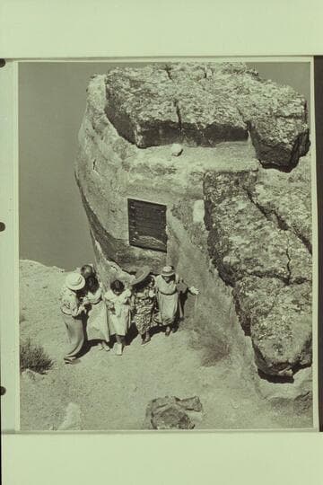 Overpowering grief registered by Joan Nevills after the unveiling of the plaque at Marble Canyon.  Goldwater; Masland; Joan; Sandra; Mary Abbott; Mae Nevills