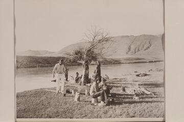 Camp above mouth of Henry's Fork.  L to R:  Taylor, Joan Nevills, Reynolds, Frost, Loel Marston and Maradel Marston