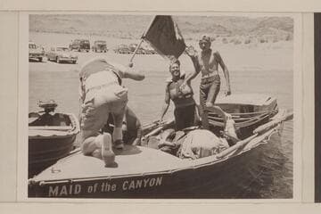 Arrival of "Maid of the Canyon" at Boulder City dock.  Roy Bolton and Jeff Marston at the stern