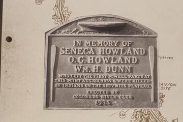 Plaque placed by The Dusty Dozen at Separation Canyon, about 1934, Aug. 03.  It was removed 1939, Aug. and a larger plaque placed there by Julius Stone and party.  The plaque was replaced at Separation Rapid near the new plaque 1971, Nov. 27