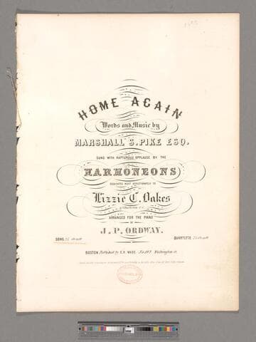 Home again / words and music by Marshall S. Pike Esq. ; sung with rapturous applause by the Harmoneons ; arranged for the piano by J.P. Ordway