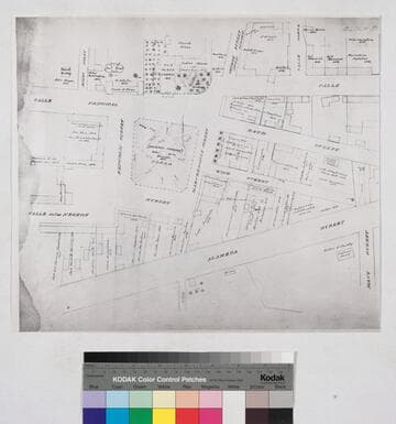 Map of the old portion of the city surrounding the plaza, showing the old plaza church, public square, the first gas Plant and adobe buildings