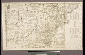 A map of the middle British Colonies in North America, first published by Mr. Lewis Evans, of Philadelphia, in 1755 ; and since corrected and improved, as also extended, with the addition of New England, and bordering parts of Canada ; from actual surveys now lying at the Board of Trade / by T. Pownall MP, with a topographical description of such parts of North America as are contained in this map. Printed & published according to Act of Parliament for J. Almon in Piccadilly, London, March 25th 1776