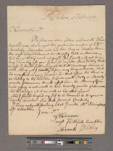 Dudley, Joseph. Letter to William Blathwayt