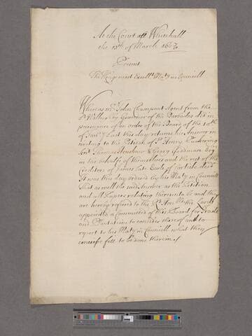 Great Britain. Privy Council. Order that all Papers relating to the petition of the creditors of the late Earl of Carlisle be referred to the Committee for Trade and Plantations