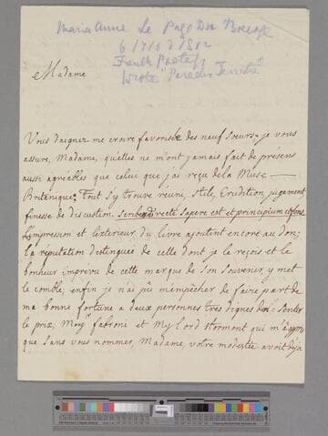 Du Boccage, Marie Anne (Le Page) Fiquet. Letter to Elizabeth (Robinson) Montagu