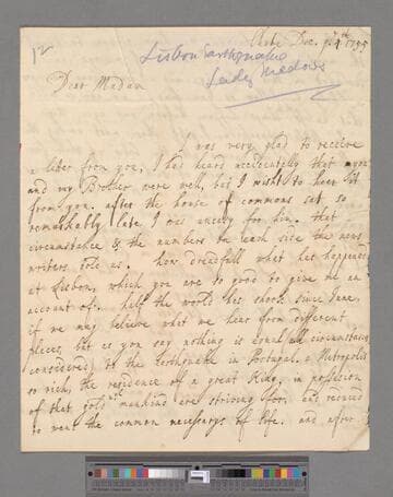 Medows, Jemima (Montague), Lady. Letter to Elizabeth (Robinson) Montagu