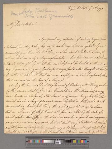 Petty, Sophia (Cateret), Countess of Shelburne. Letter to Elizabeth (Robinson) Montagu
