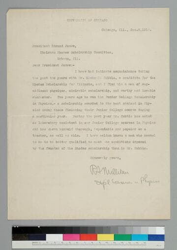 Robert Millikan, Departmental Examiner in Physics, writes to University of Chicago President and chair of the Rhodes Scholarship Committee