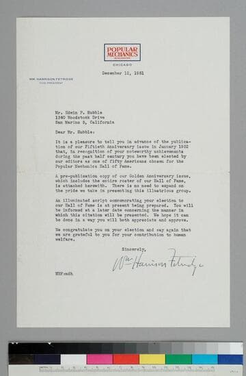 William Harrison Fetridge, vice president of Popular Mechanics magazine writes to EPH