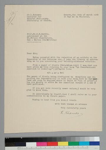 L. Schames, of the University of Geneva, writes to EPH asking for values used in the velocity-distance relationship equation as published in Naturewiss