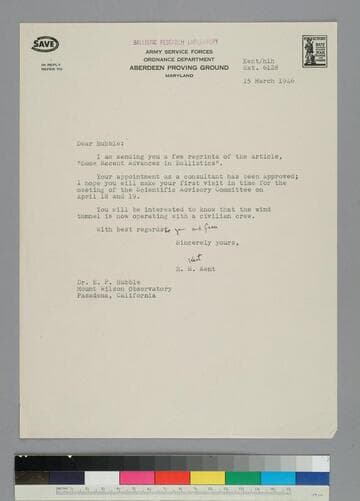 Robert Kent, of the Army Ballistic Research Laboratory, writes to EPH