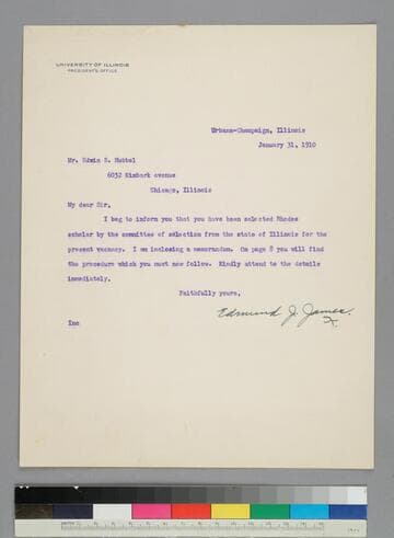 Edmund James, president of the University of Illinois and chair of the Rhodes Scholarship Committee, writes EPH