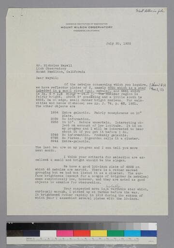 EPH writes to astronomy graduate student Nicholas Mayall regarding specific nebulae