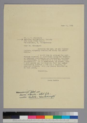 EPH writes to L. P. Eisenhart of the American Philosophical Society