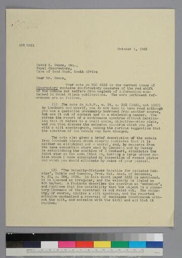 EPH writes to astronomer David Evans of the Royal Observatory