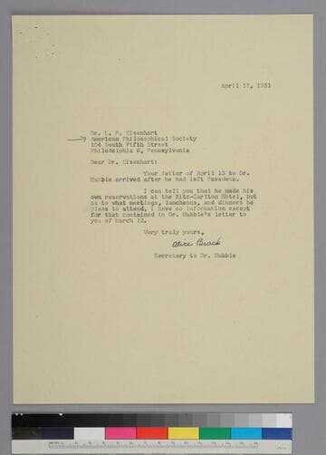 Secretary Alice Beach writes on behalf of EPH to L. P. Eisenhart of the American Philosophical Society