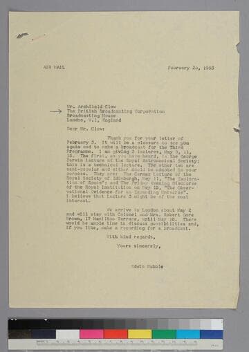 EPH writes to Archibald Clow of the British Broadcasting Corporation
