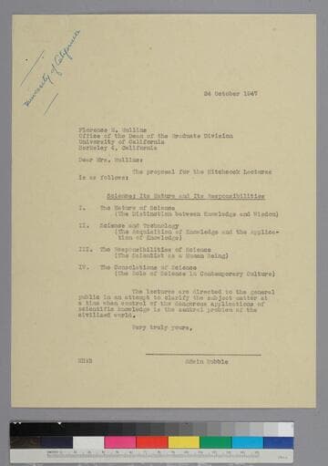 EPH writes to Florence Mullins of the Graduate Division