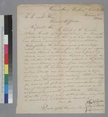 Franklin Literary Society, Jefferson College, Canonsburg, Pennsylvania, letter to Thomas Jefferson