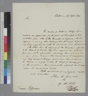 Tobias Watkins, Baltimore, letter to Thomas Jefferson