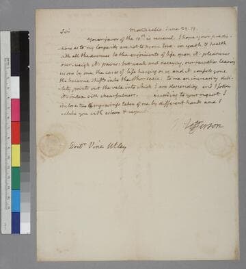 Thomas Jefferson, Monticello, letter to Vine Utley