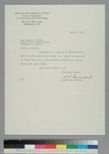 Luther Eisenhart, executive officer of the American Philosophical Society, writes to EPH