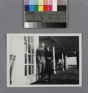 Edwin Powell Hubble and Grace Burke Hubble standing on the deck of the S.S. Statendam, on their way to England