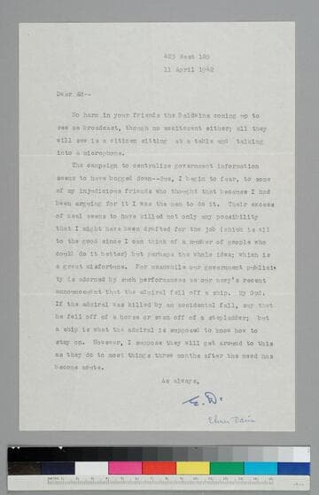 Elmer Davis, fellow Rhodes scholar of EPH's, writer, and news analyst during World War II, writes to EPH