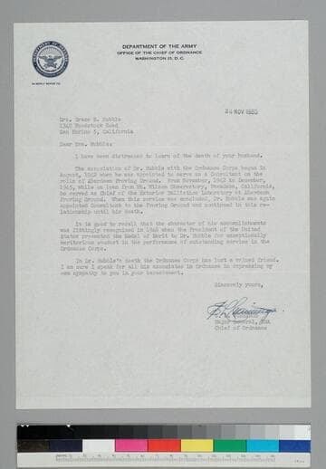 Major General E. L. Cummings, Chief of Ordnance, writes to GBH