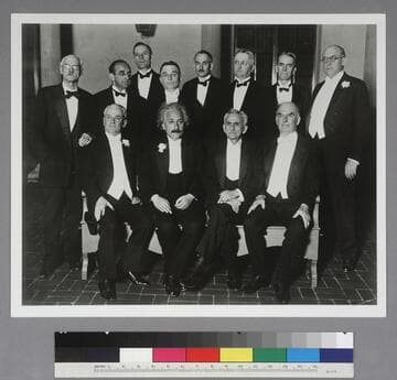 Group portrait of Albert Einstein, Edwin Powell Hubble, and other scientists at the California Institute of Technology
