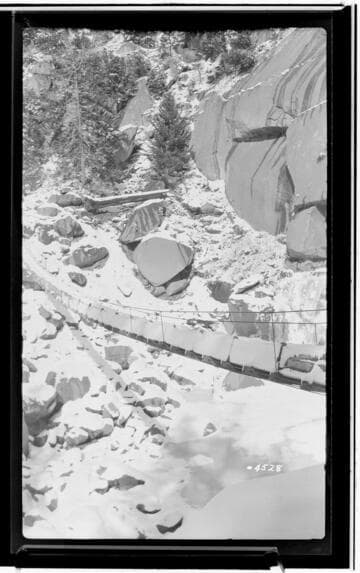Suspension bridge carrying pressure regulator pipes for Big Creek powerhouse #1