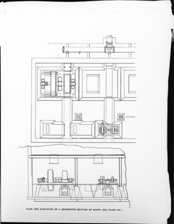 A drawing of the plant and elevation of a generator section of Santa Ana River #1 Hydro Plant