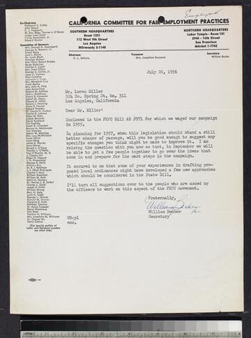 Letter by William Becker to Loren Miller and ephemera