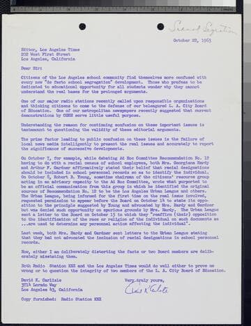 David K. Carlisle letter and reports on de facto segregation in LA schools