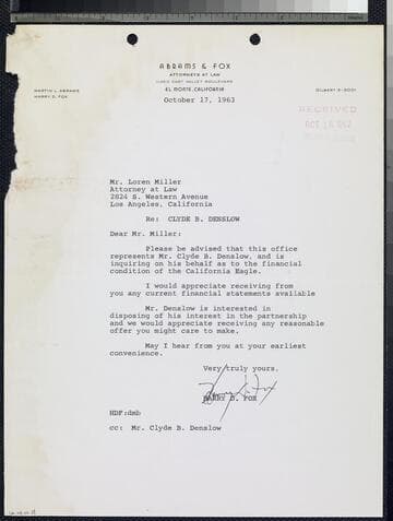 Letter re: financial condition of California Eagle