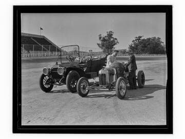 Race car driver Barney Oldfield at Legion Ascot Speedway, Los Angeles