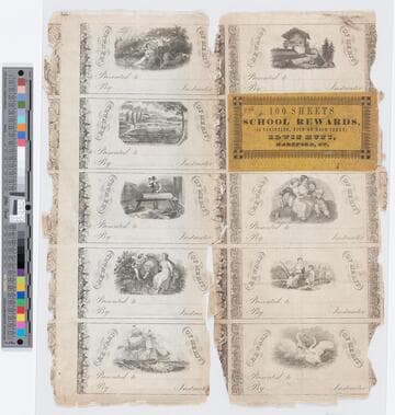 100 sheets school rewards, 15 varieties, five on each sheet; Edwin Hunt, Hartford, CT