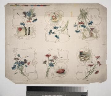 [Proof sheet of six images with flowers, girl, thread, and pins]