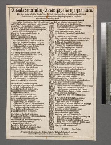 A balad intituled, A cold pye for the papistes, wherin is contayned: the trust of true subiectes for suppressyng of sedicious papistrie and rebellion: to the maintenance of the Gospell, and the publique peace of Englande. Made to be songe to Lassiamiza noate