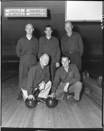 Five man bowling team on the alley